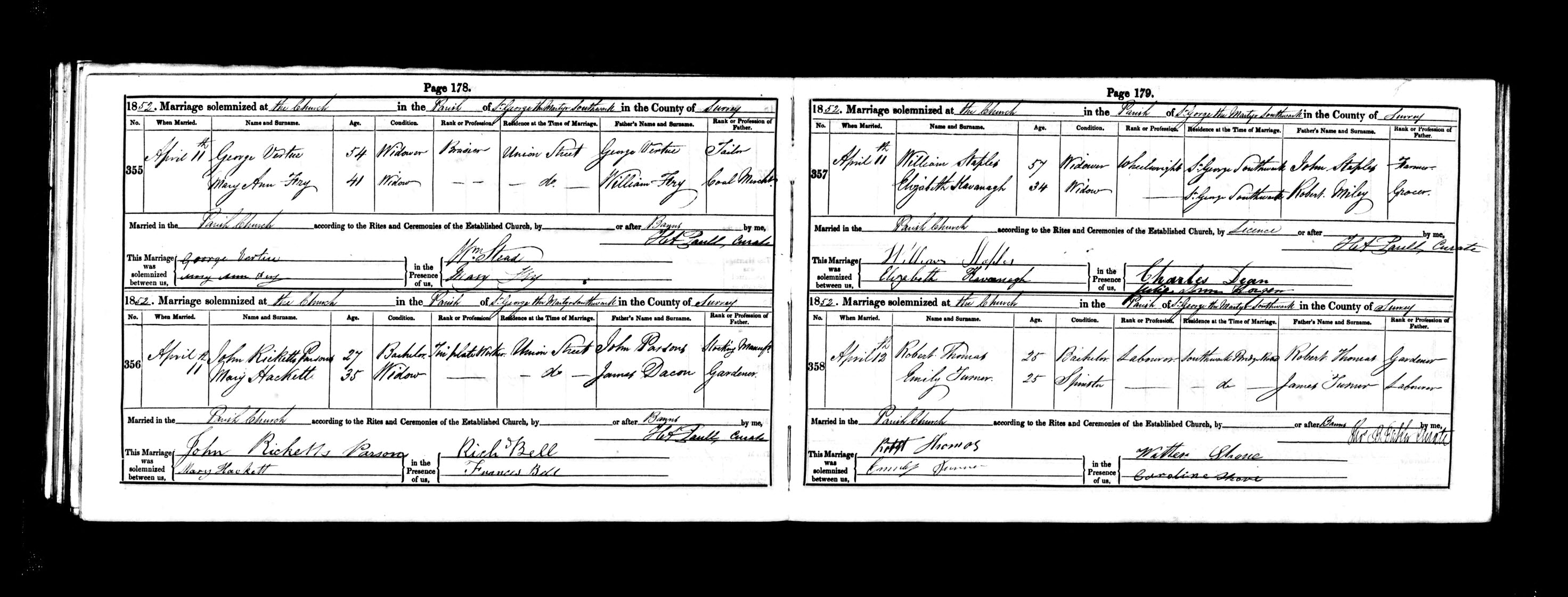 1852 marriage of Mary Ann Fry to George Vertue